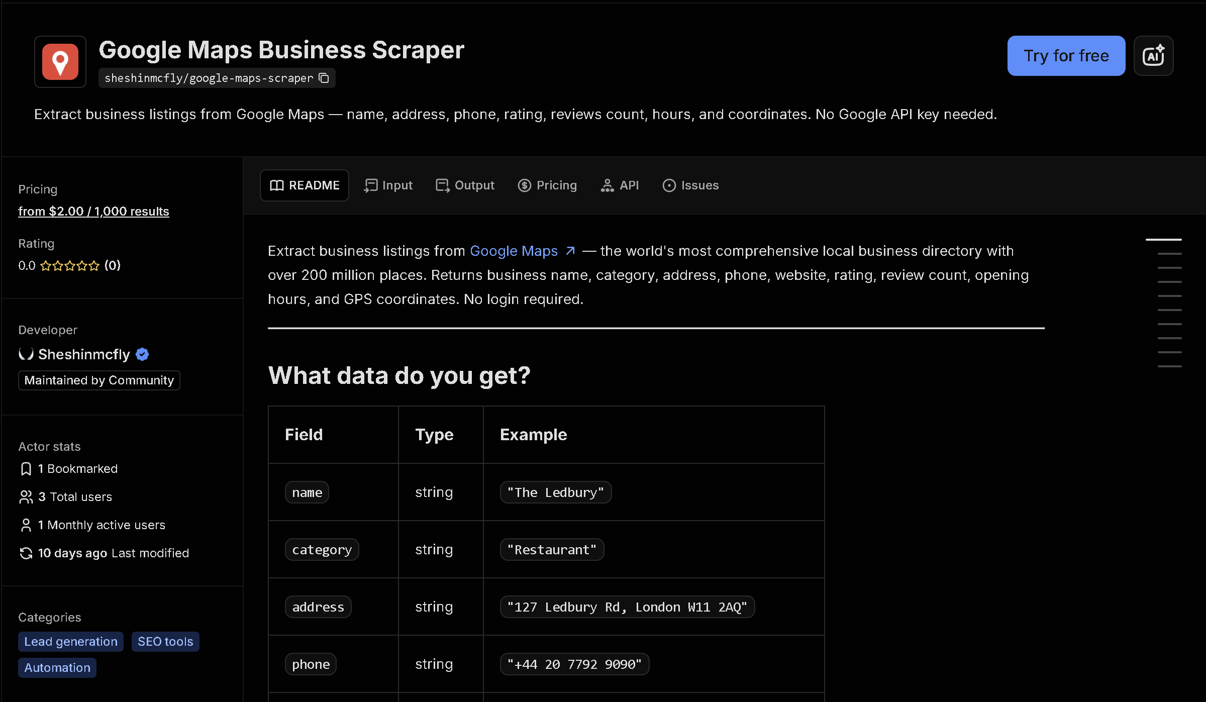 Google Maps Business Scraper tool page on Apify